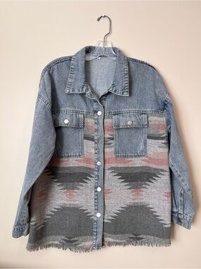 Boutique Ladies Aztec Western Denim Shacket Jacket Size Large - Boho Fringe Hem